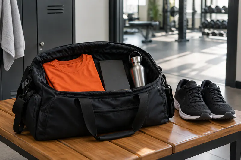 Een open sporttas met een schrift, shirt en drinkfles naast sportschoenen