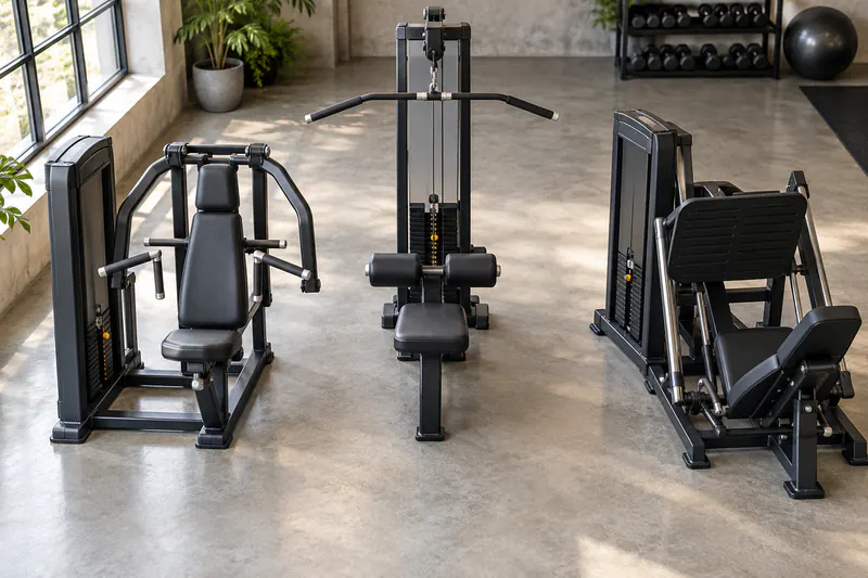 Chestpress, latpulldown en legpress in een sportschool