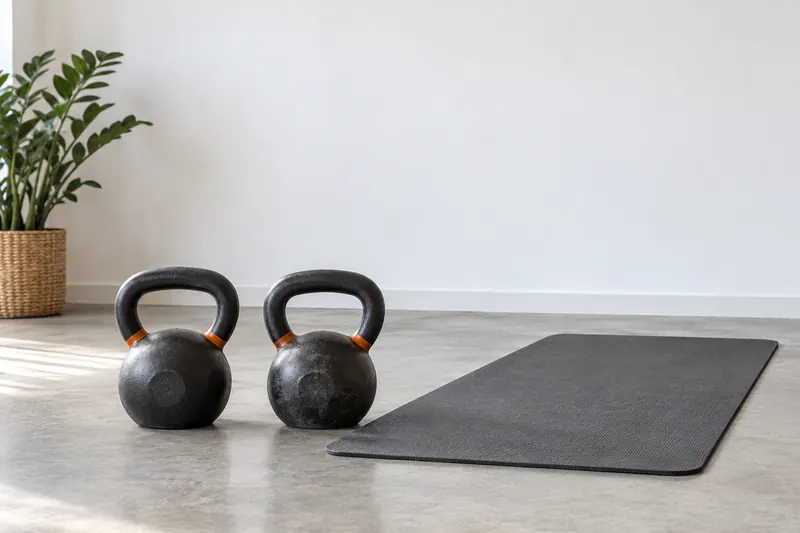 Twee kettlebells naast een mat en een vrije witte muur.