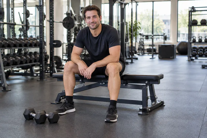 Een man zit op een vlakke trainingsbank met twee dumbbells voor zijn voeten