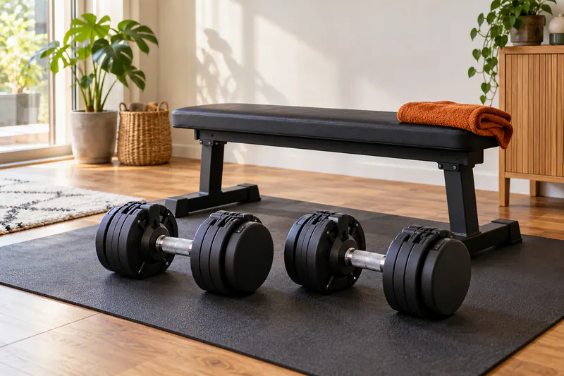 Twee verstelbare dumbbells en een vlakke trainingsbank op een mat in een lichte kamer