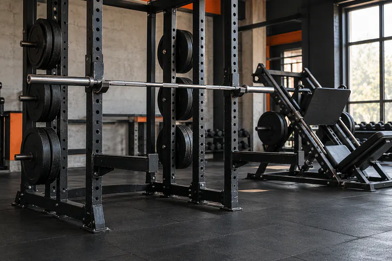 Een squatrek, halterstang en legpress in een sportschool