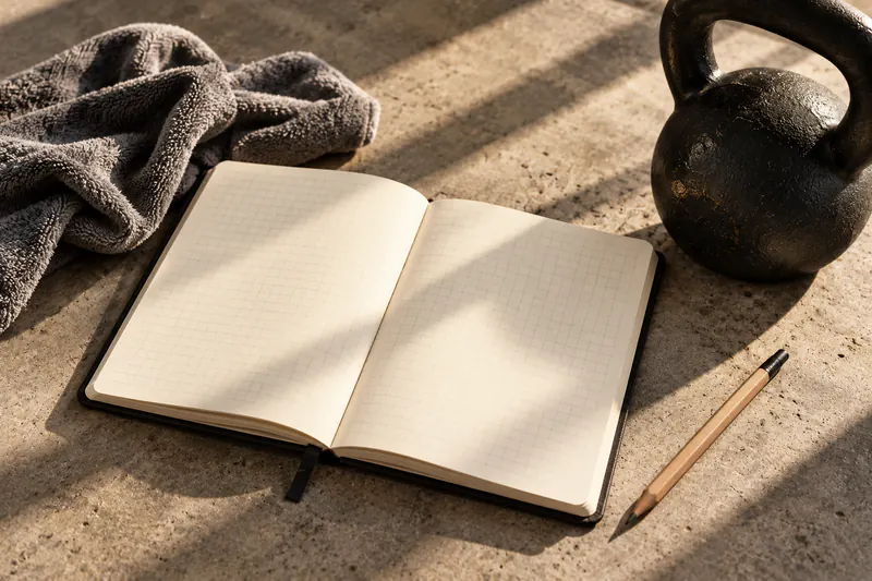 Een open notitieboek naast een kettlebell en potlood